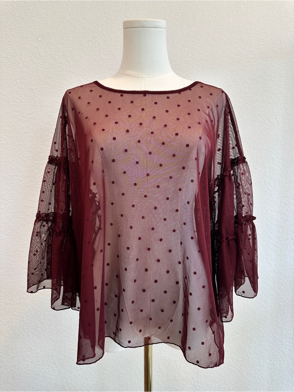 Express Burgundy Sheer Polka Dot Balloon Sleeve Blouse